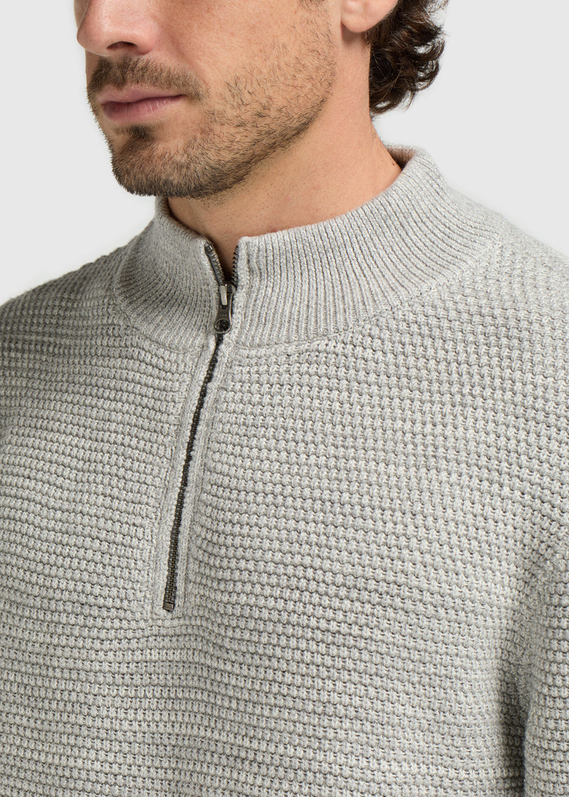 Strukturierter Strickpullover mit halbem Reißverschluss – Grau Melee