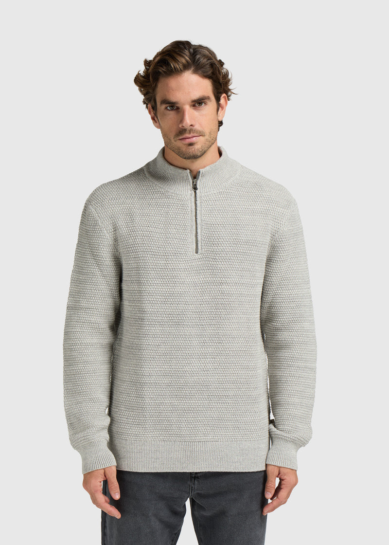 Strukturierter Strickpullover mit halbem Reißverschluss – Grau Melee