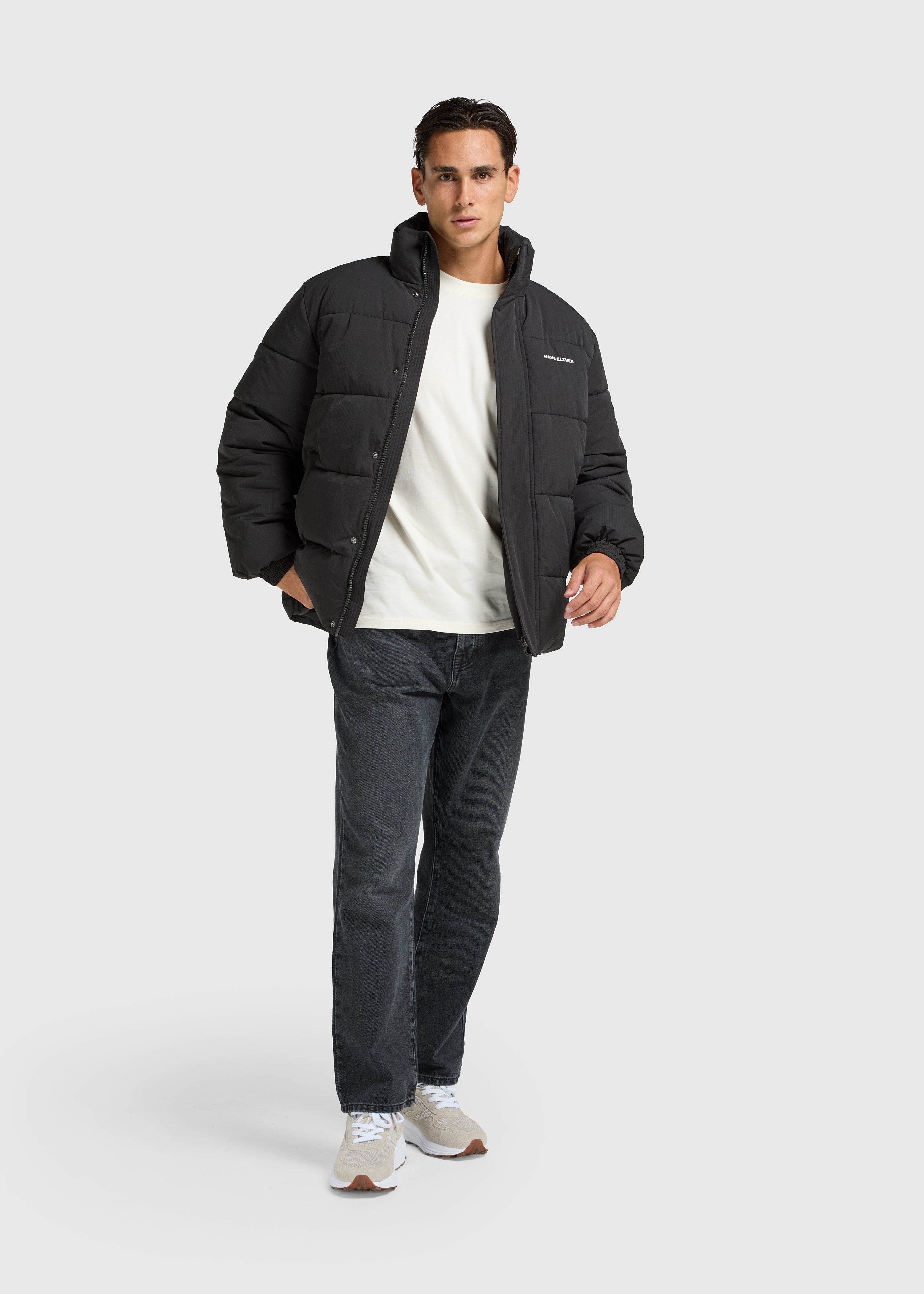 Seersucker Puffer Jacket - Black