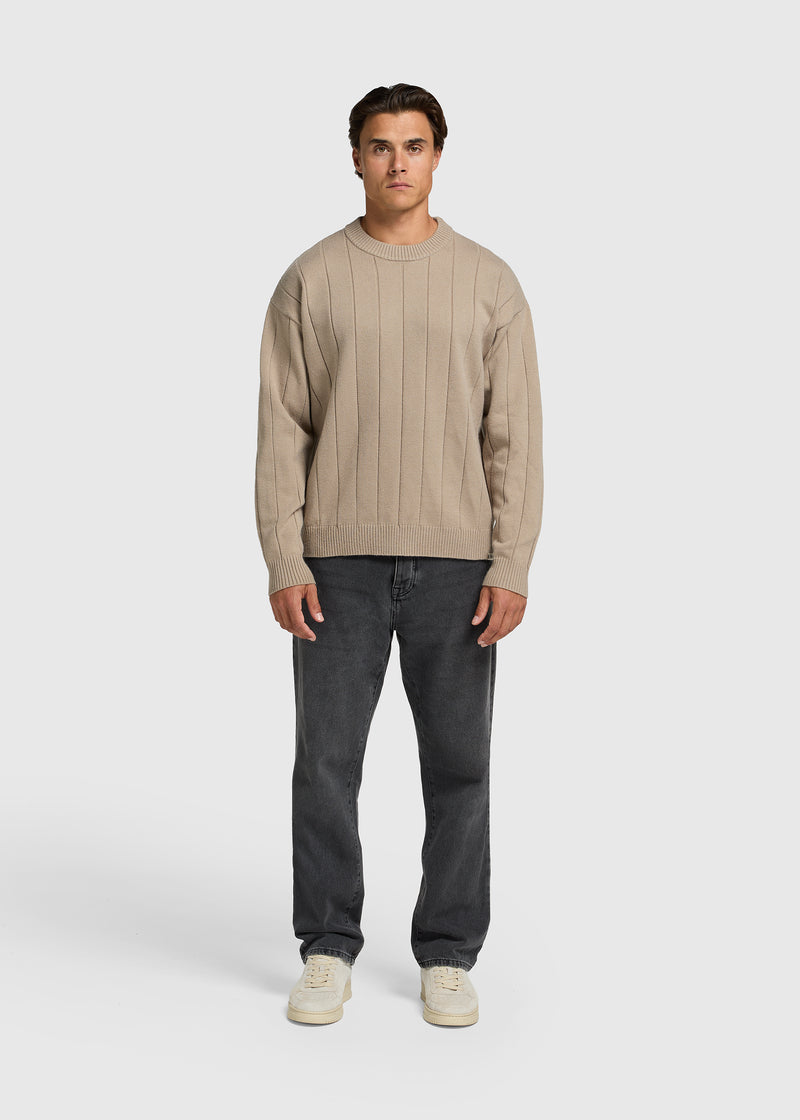 Vertical Stripe Knit Crewneck - Dark Sand
