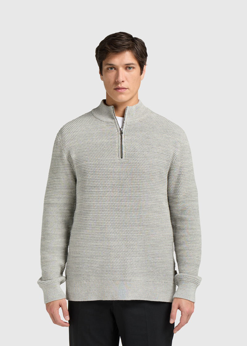 Strukturierter Strickpullover mit halbem Reißverschluss – Grau Melee