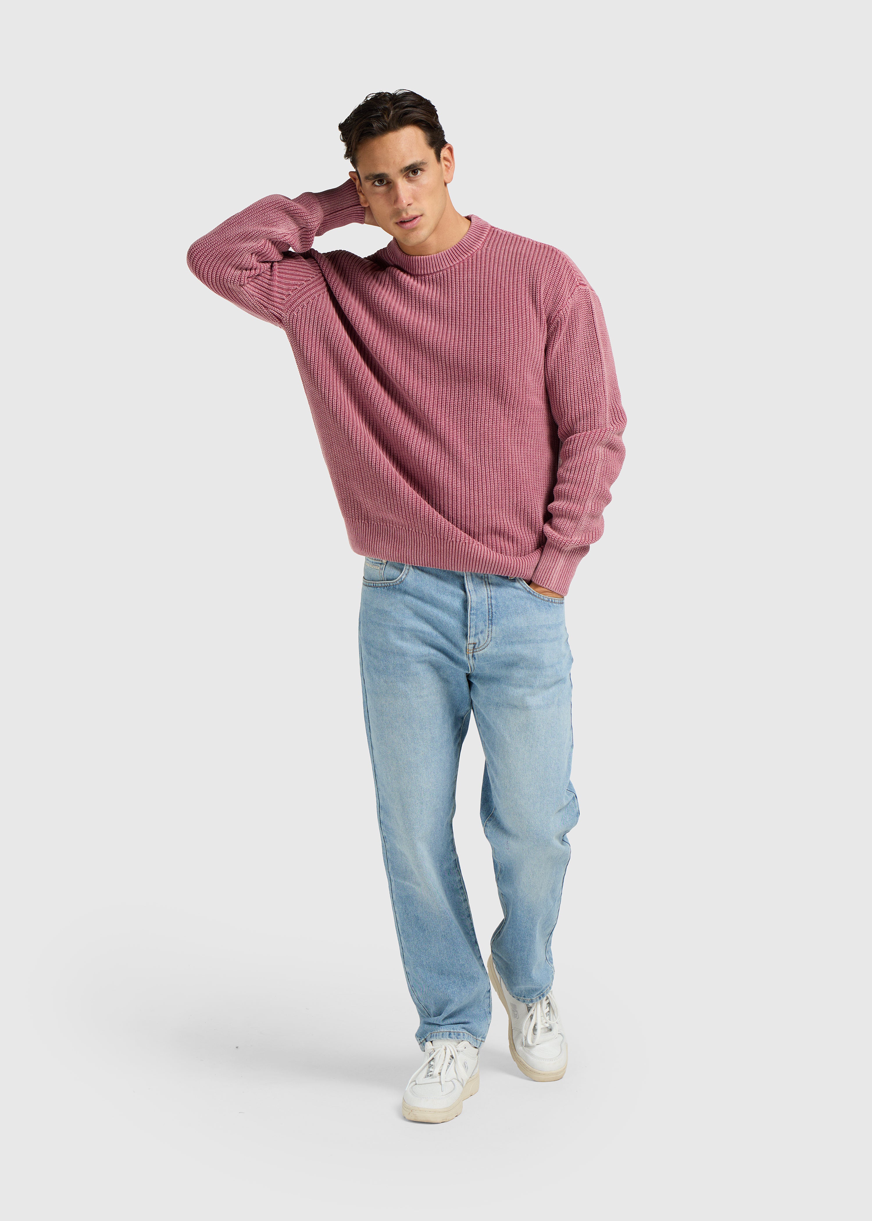 Gewaschener Strickpullover mit Rundhalsausschnitt – Rot