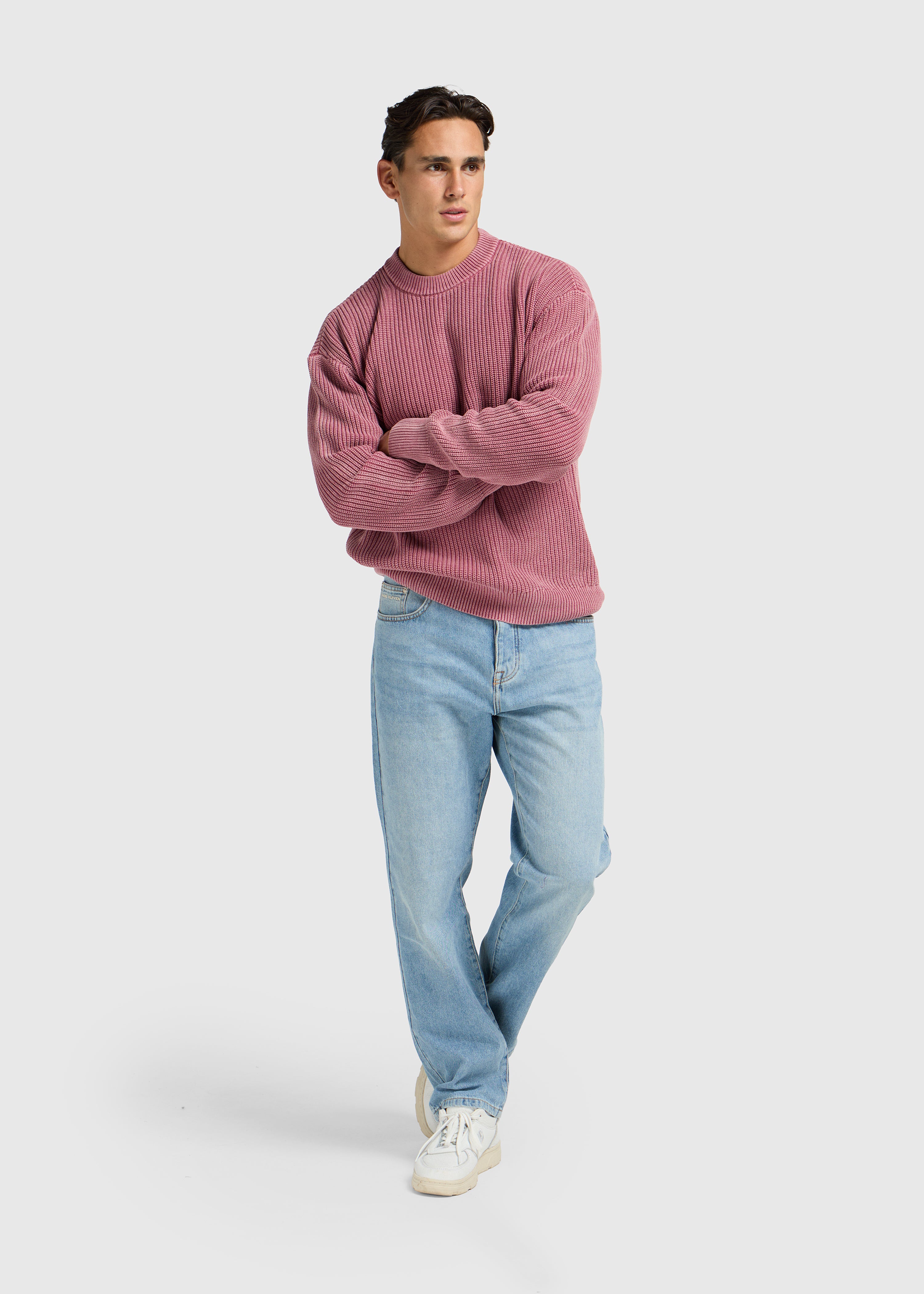 Gewaschener Strickpullover mit Rundhalsausschnitt – Rot