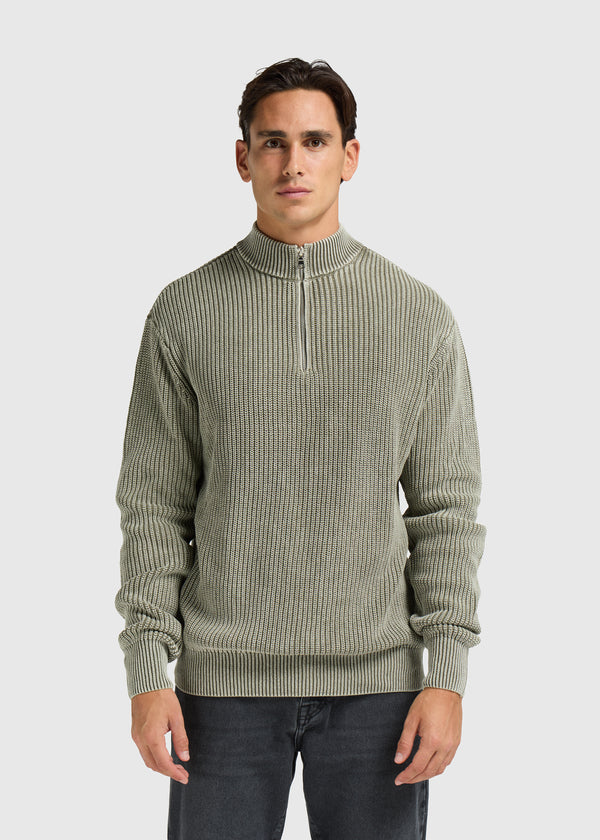 Washed Half Zip Knit - Olive Green