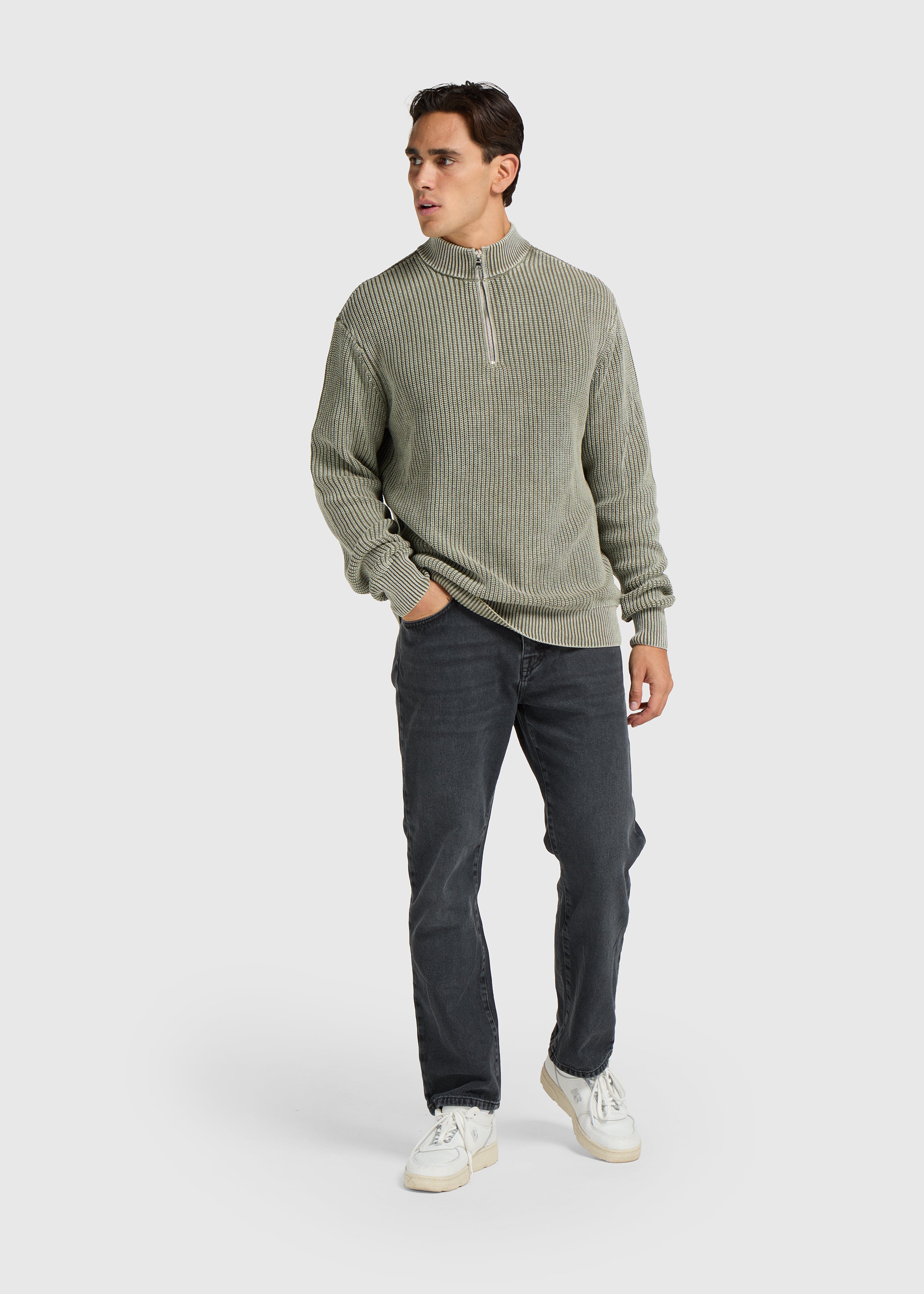 Washed Half Zip Knit - Olive Green