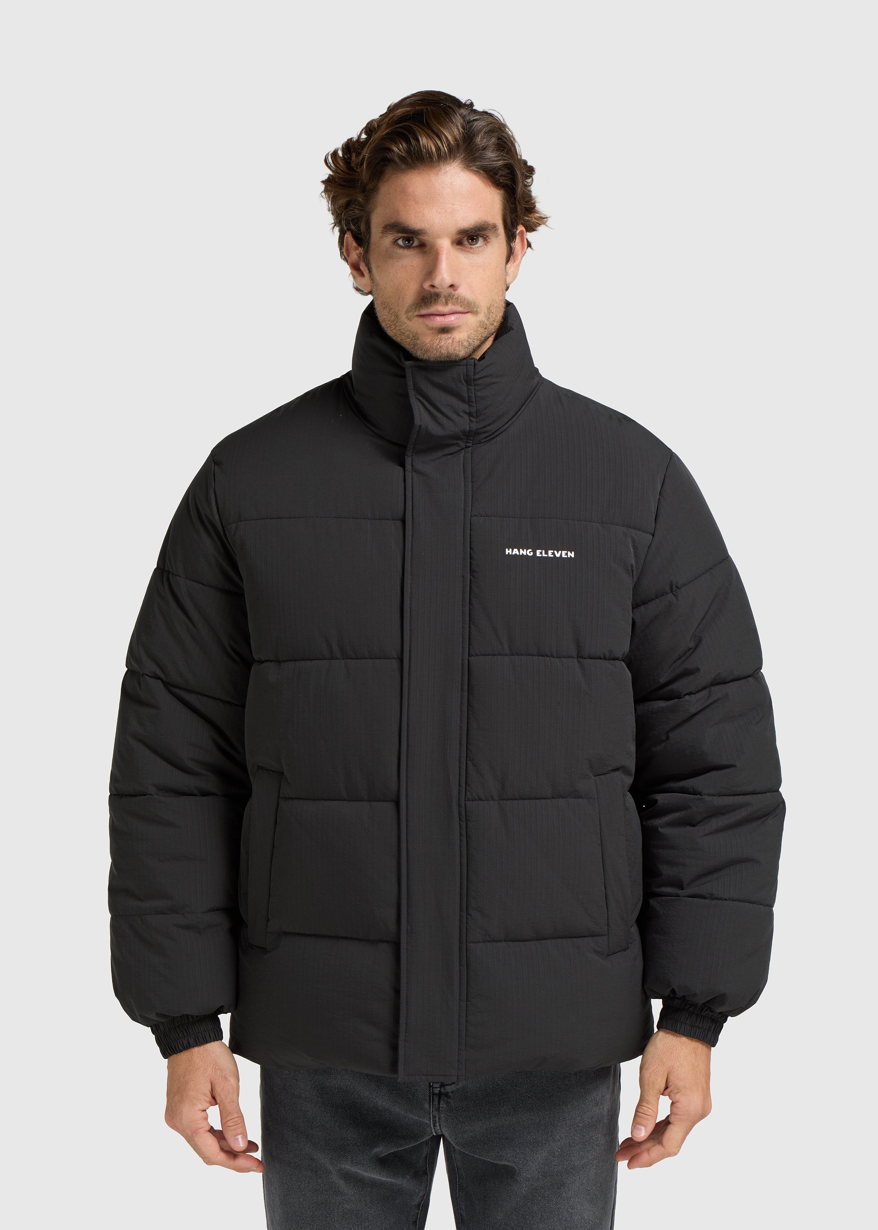 Seersucker Puffer Jacket - Black
