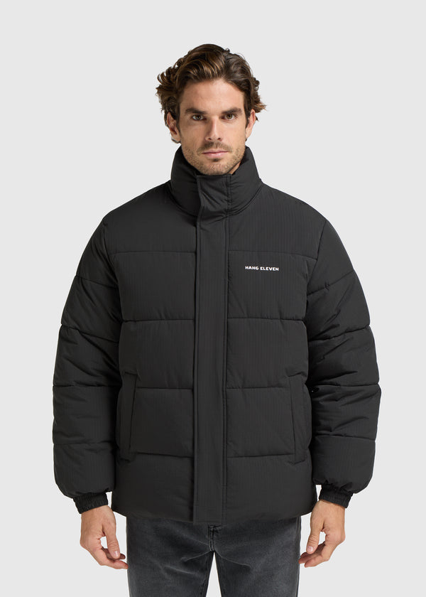Seersucker Puffer Jacket - Black