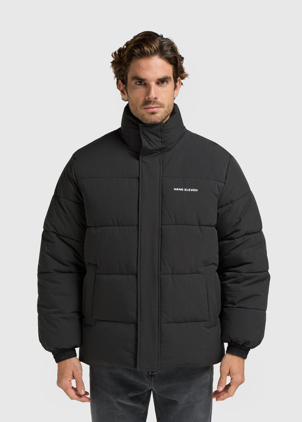 Seersucker Puffer Jacket - Black