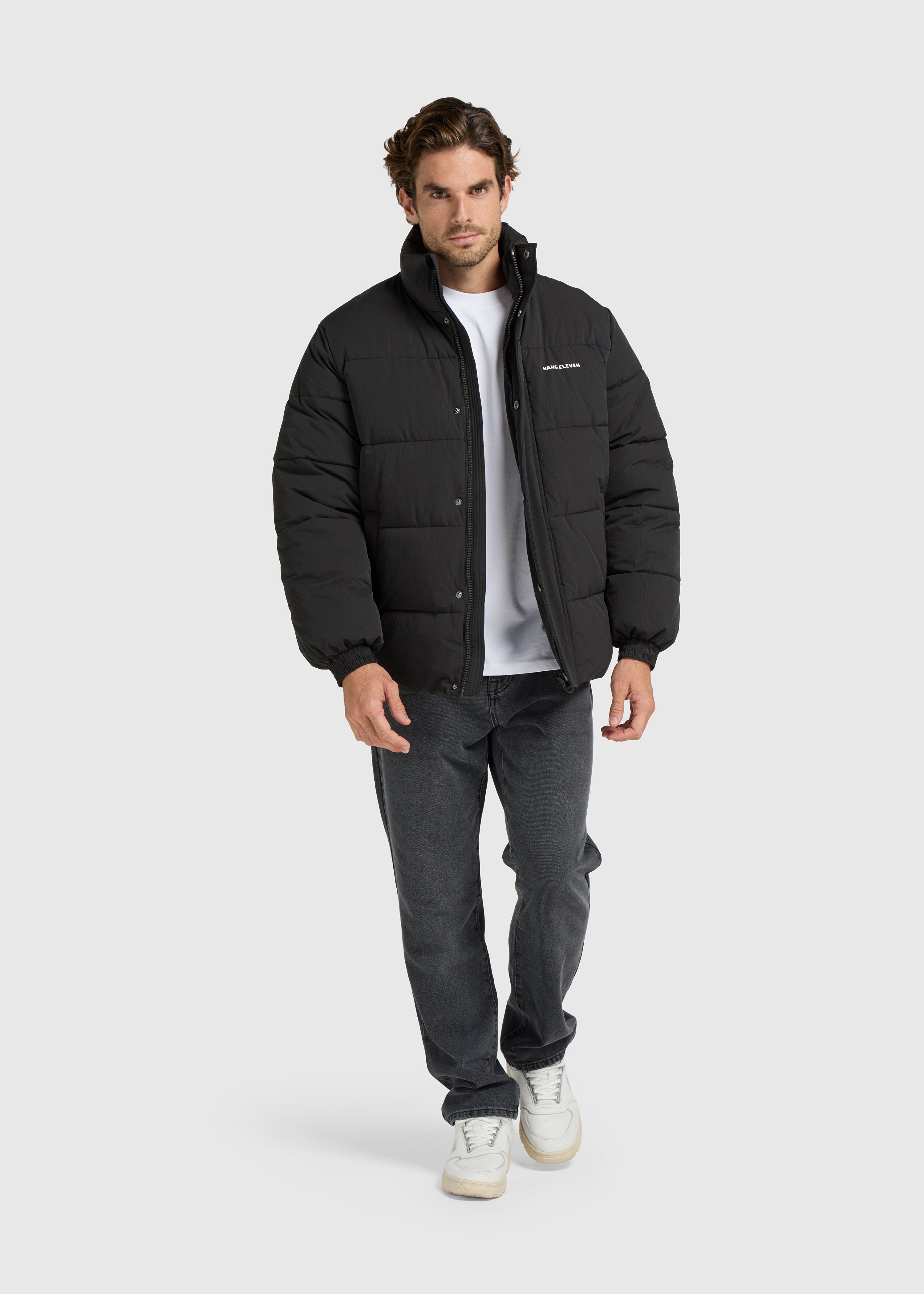 Seersucker Puffer Jacket - Black