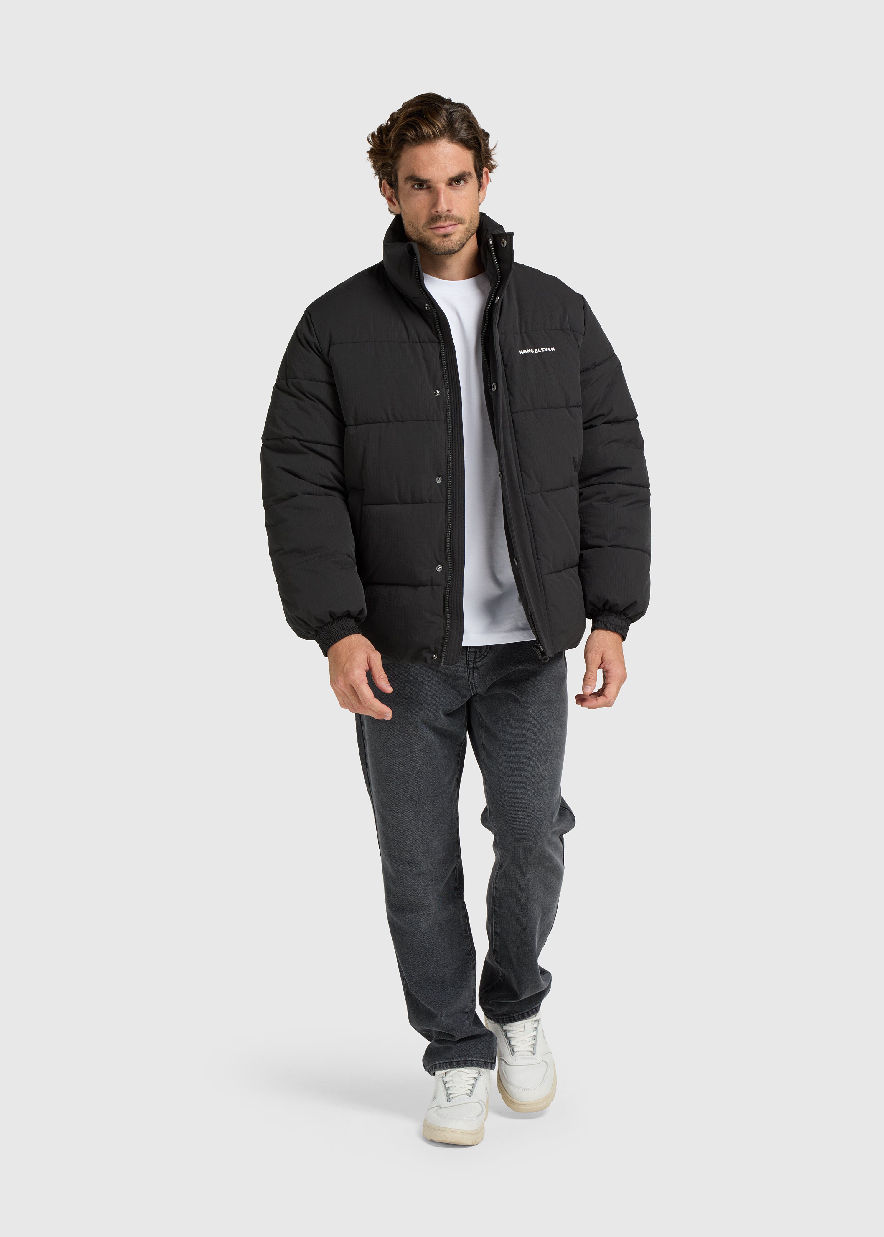 Seersucker Puffer Jacket - Black