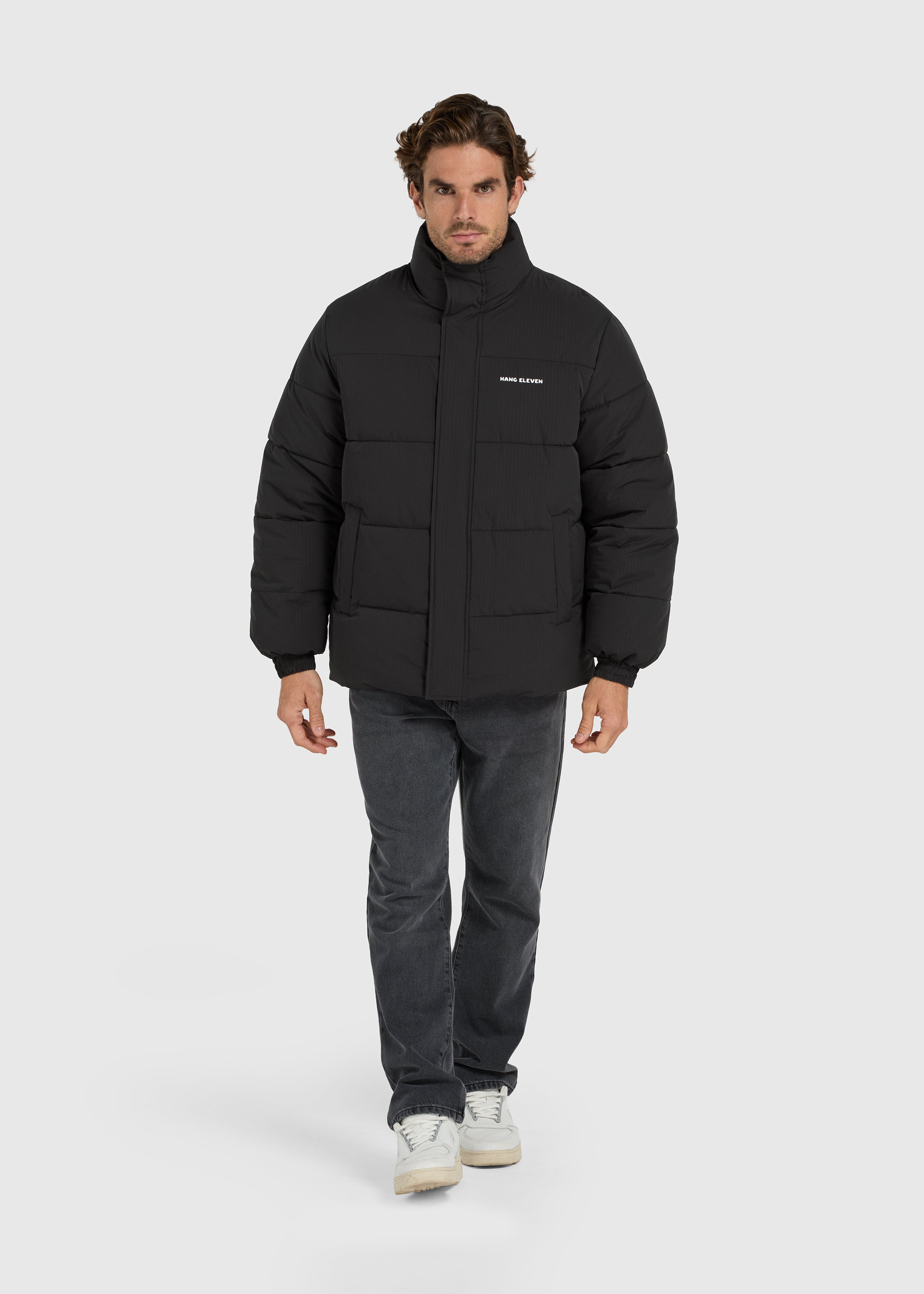 Seersucker Puffer Jacket - Black