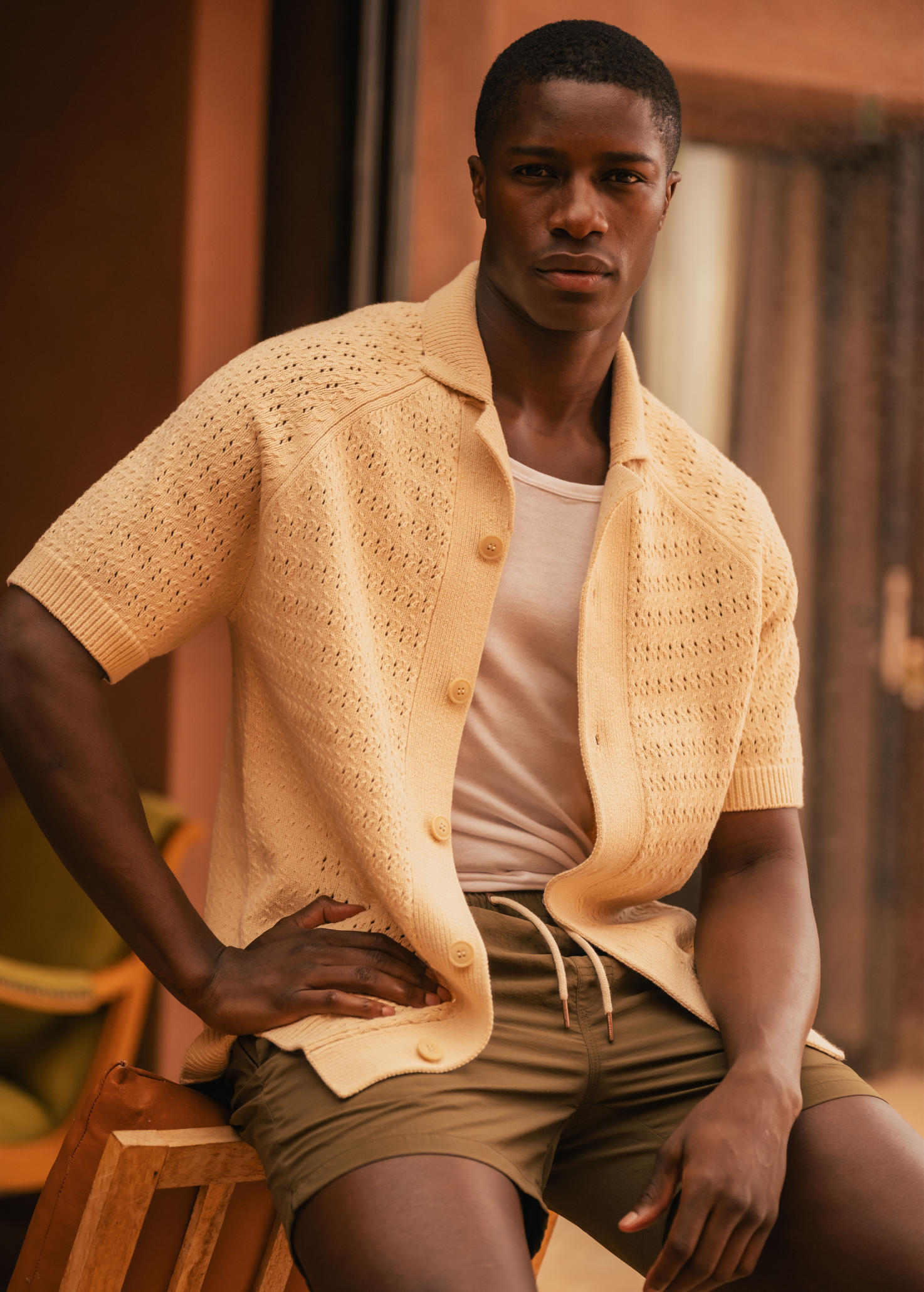Crochet Knitted Polo Shirt - Sand