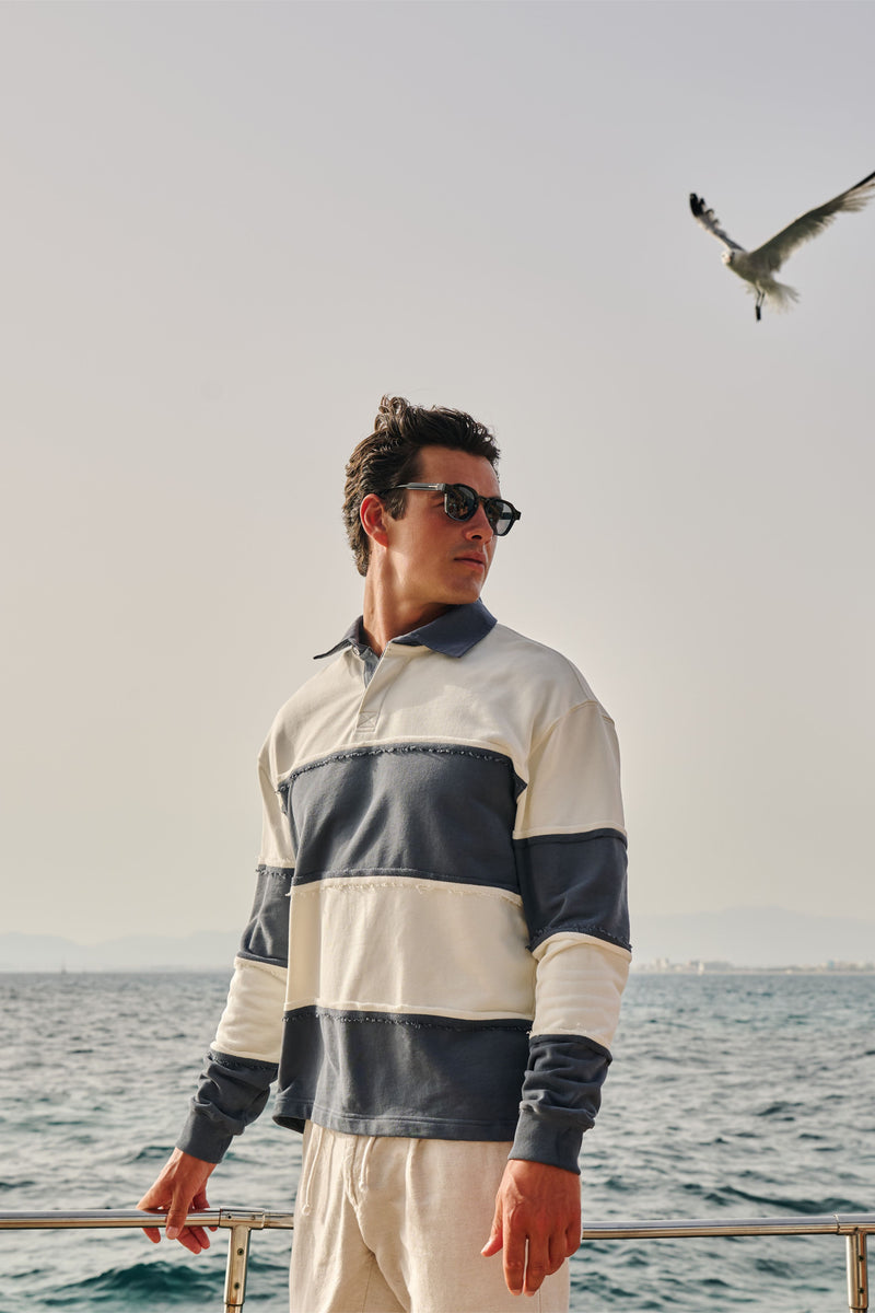 Raw Edge Big Stripe Polo - Ombre Blue