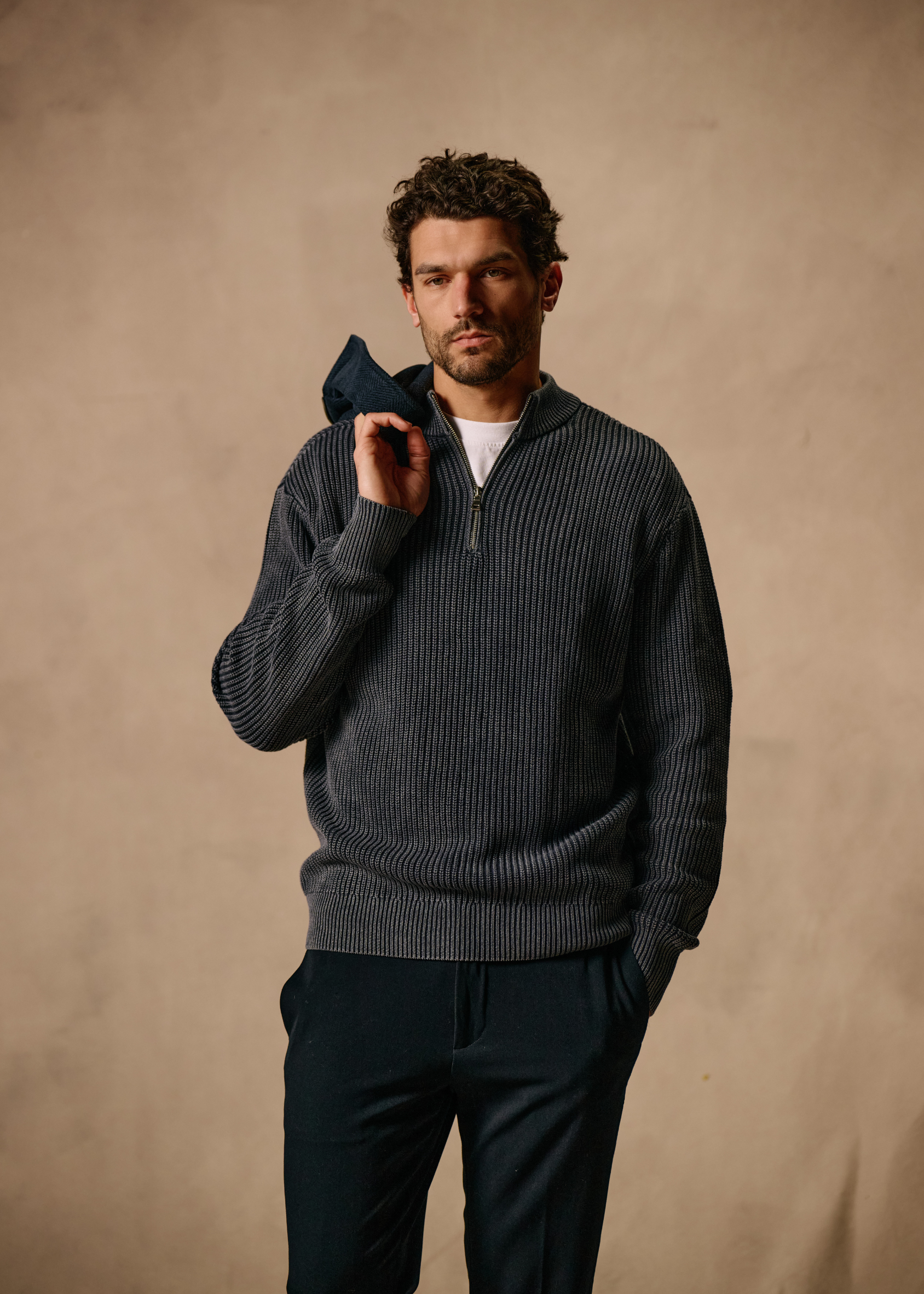 Washed Half Zip Knit - Navy