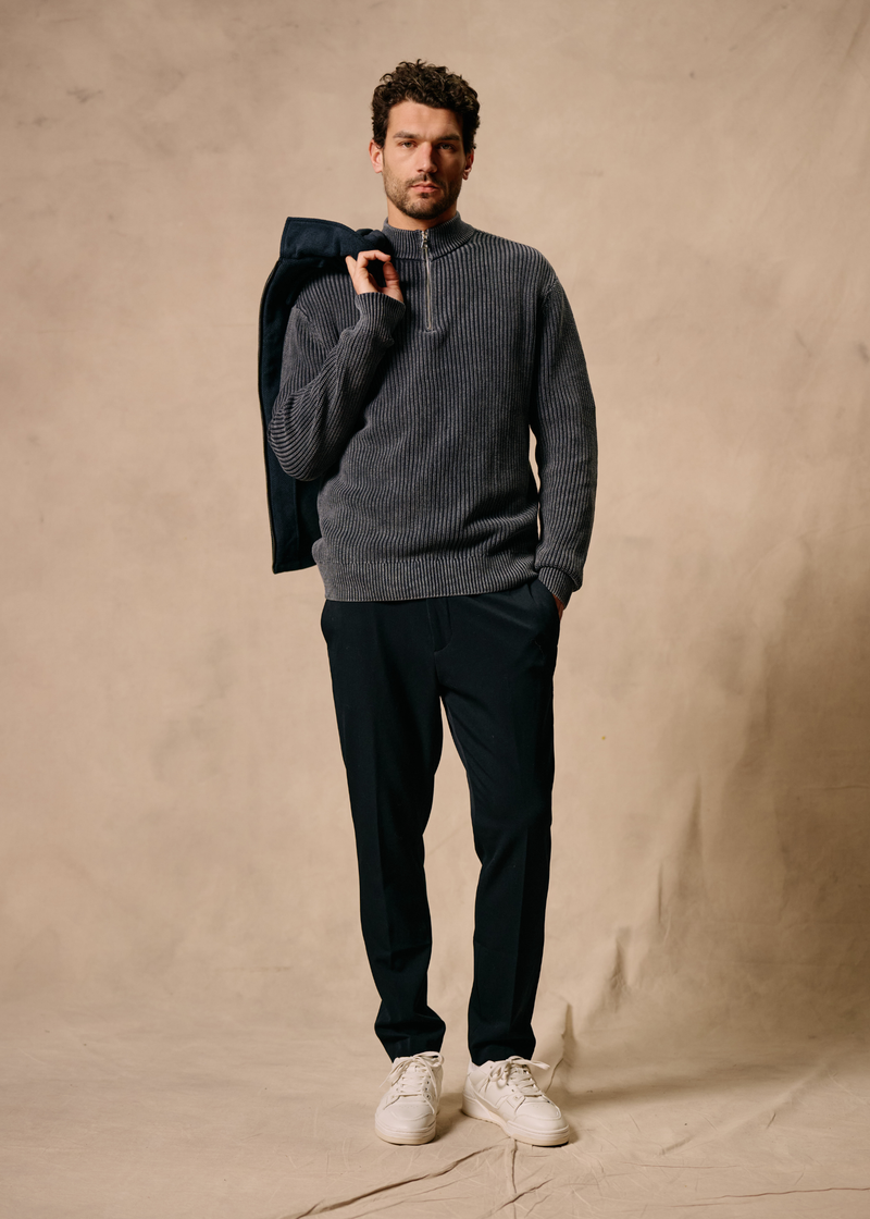 Washed Half Zip Knit - Navy Blue