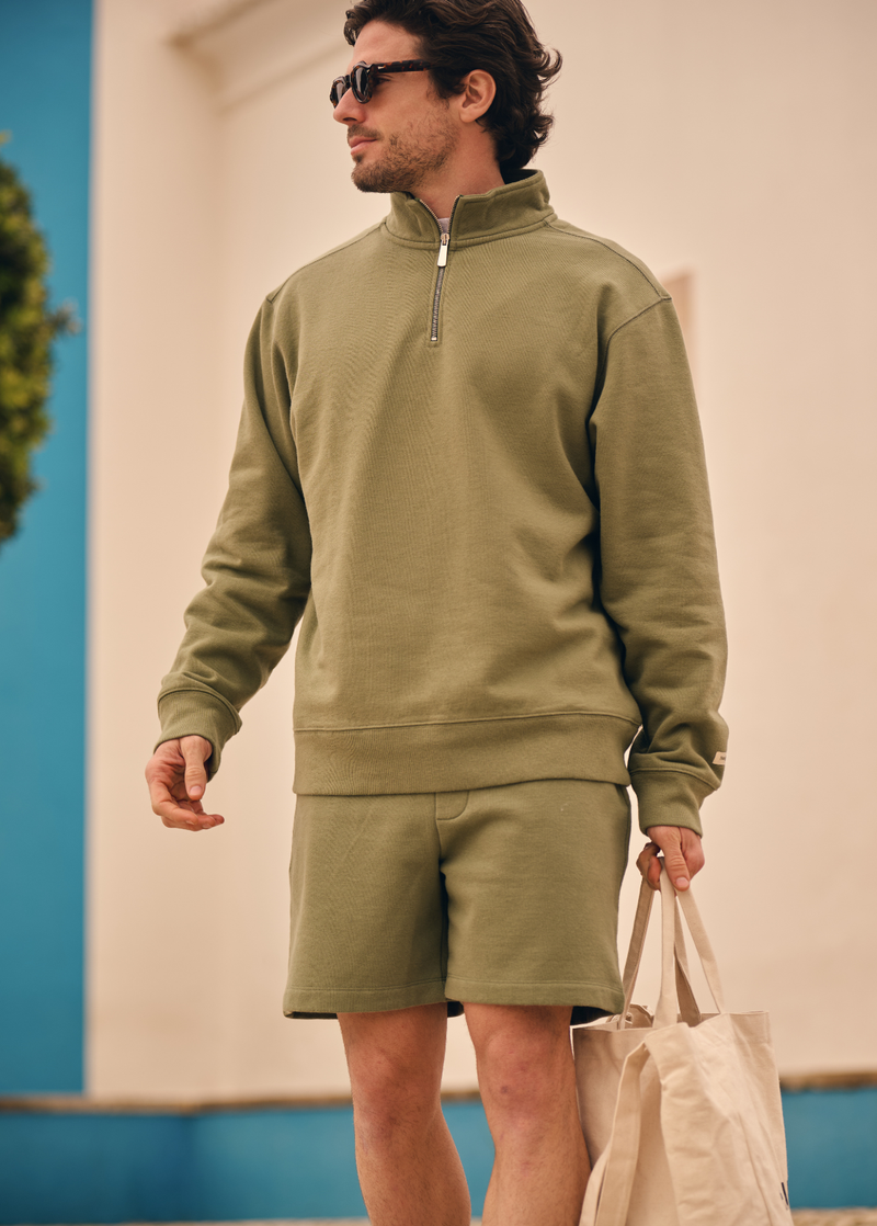 Pull demi-zip vintage délavé - Vert mousse