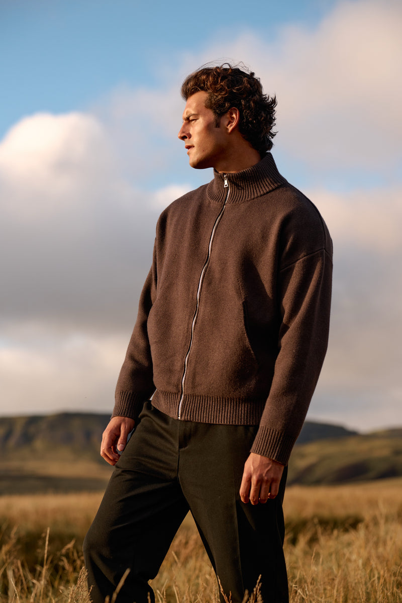 Knitted Full Zip Vest - Brown