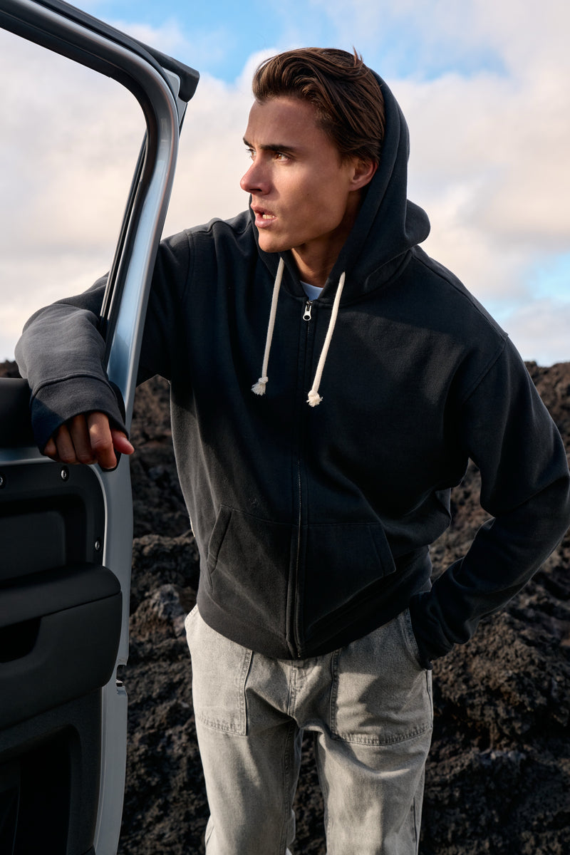 Vintage Washed Zip Hoodie - Off Black