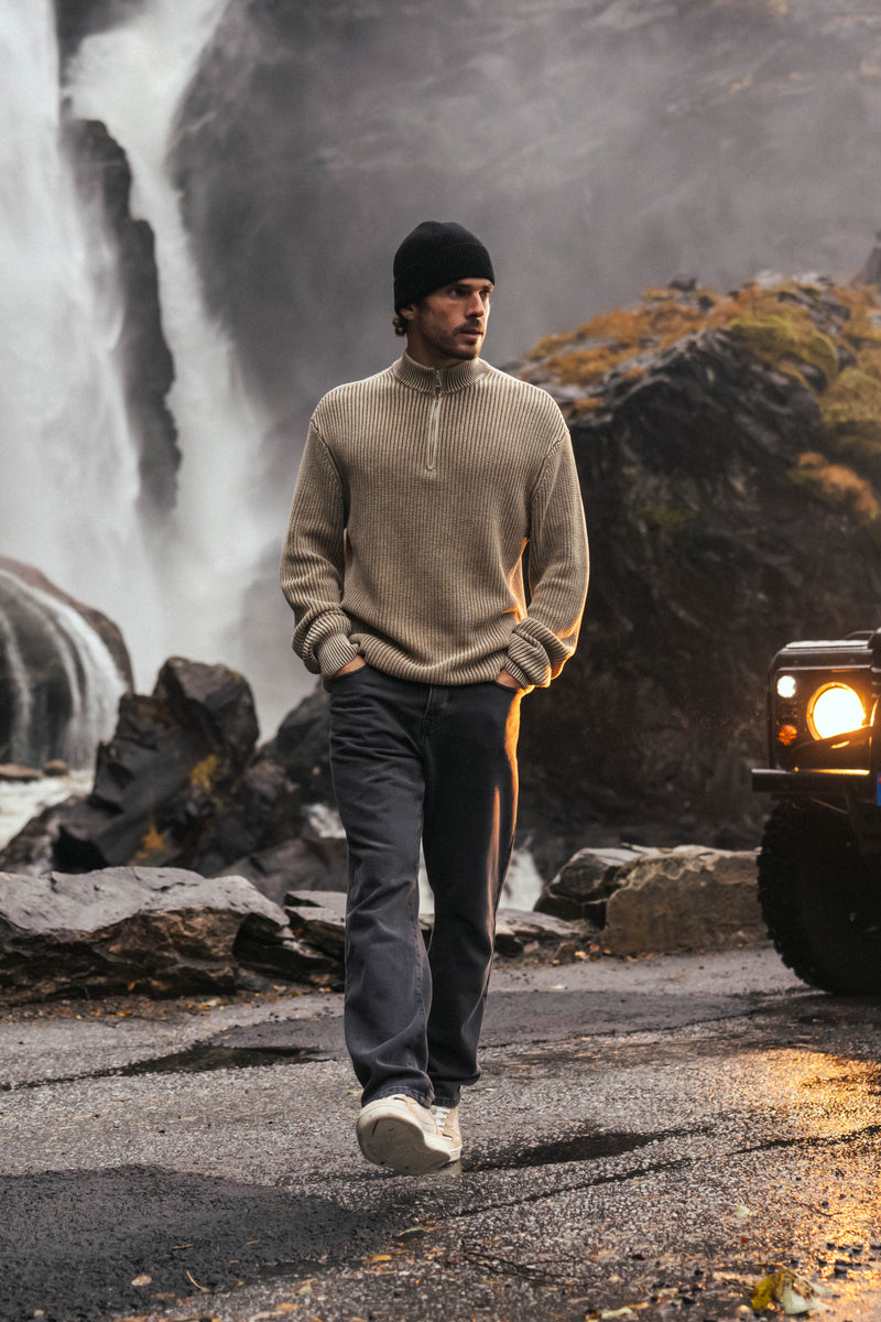 Washed Half Zip Knit - Dark Sand