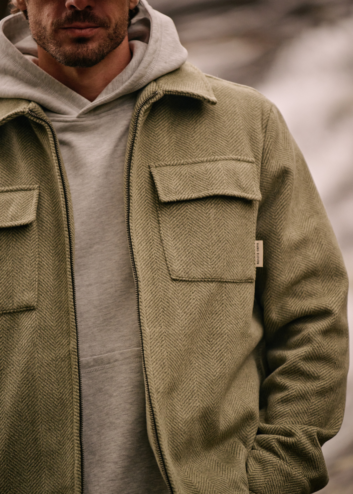 Herringbone Zip Overshirt - Green