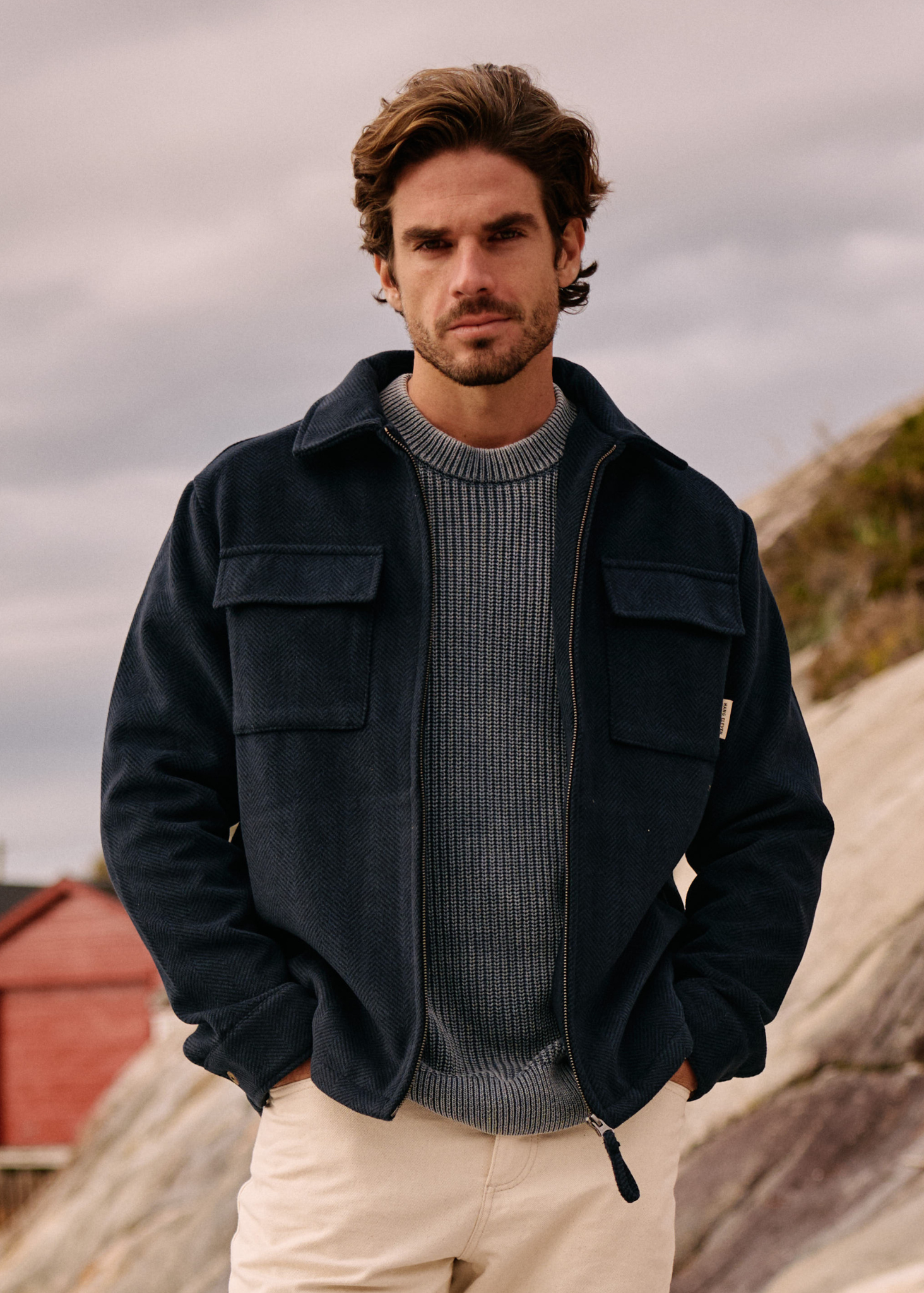 Herringbone Zip Overshirt - Navy