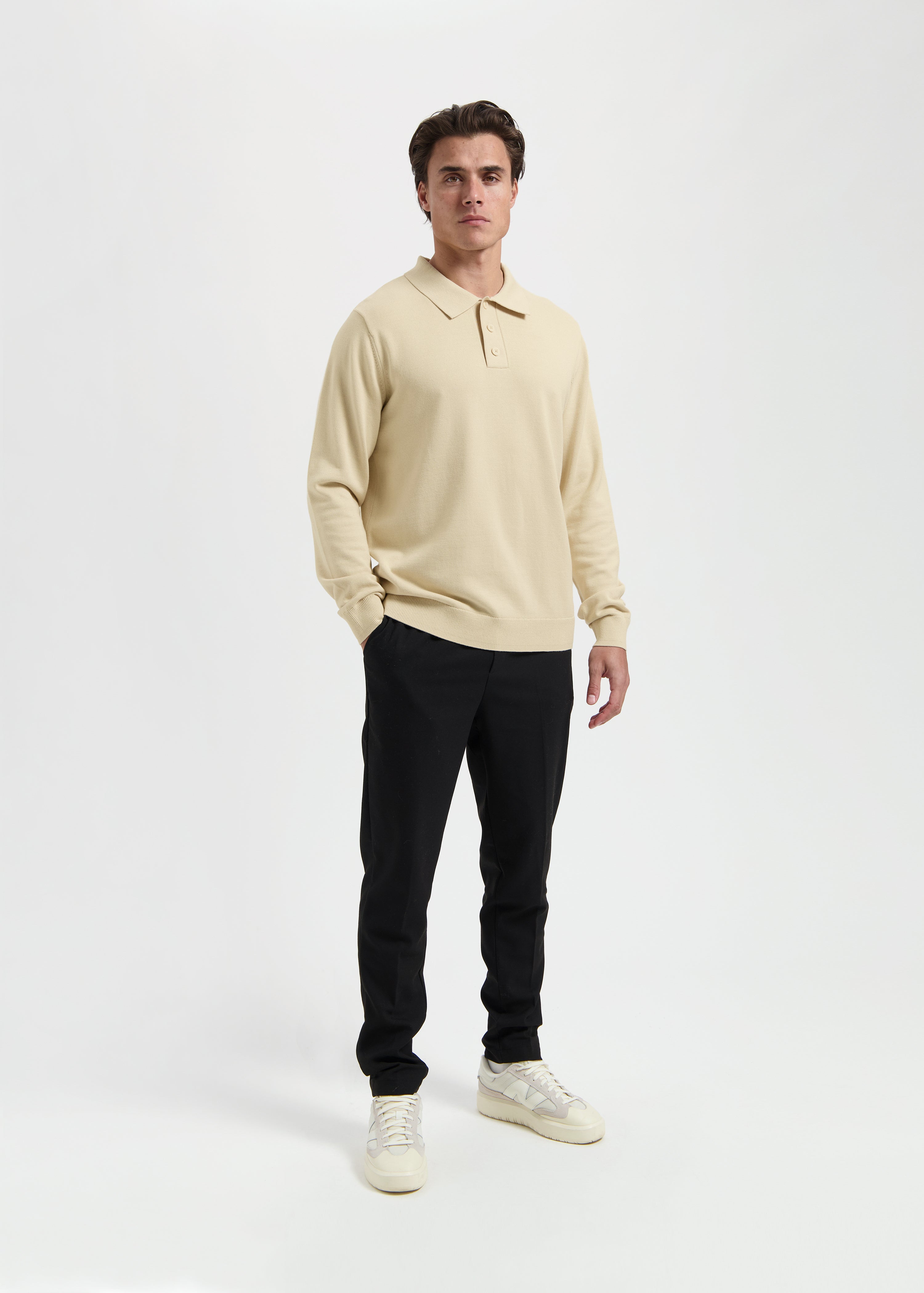 Polo à manches longues en tricot - Sable