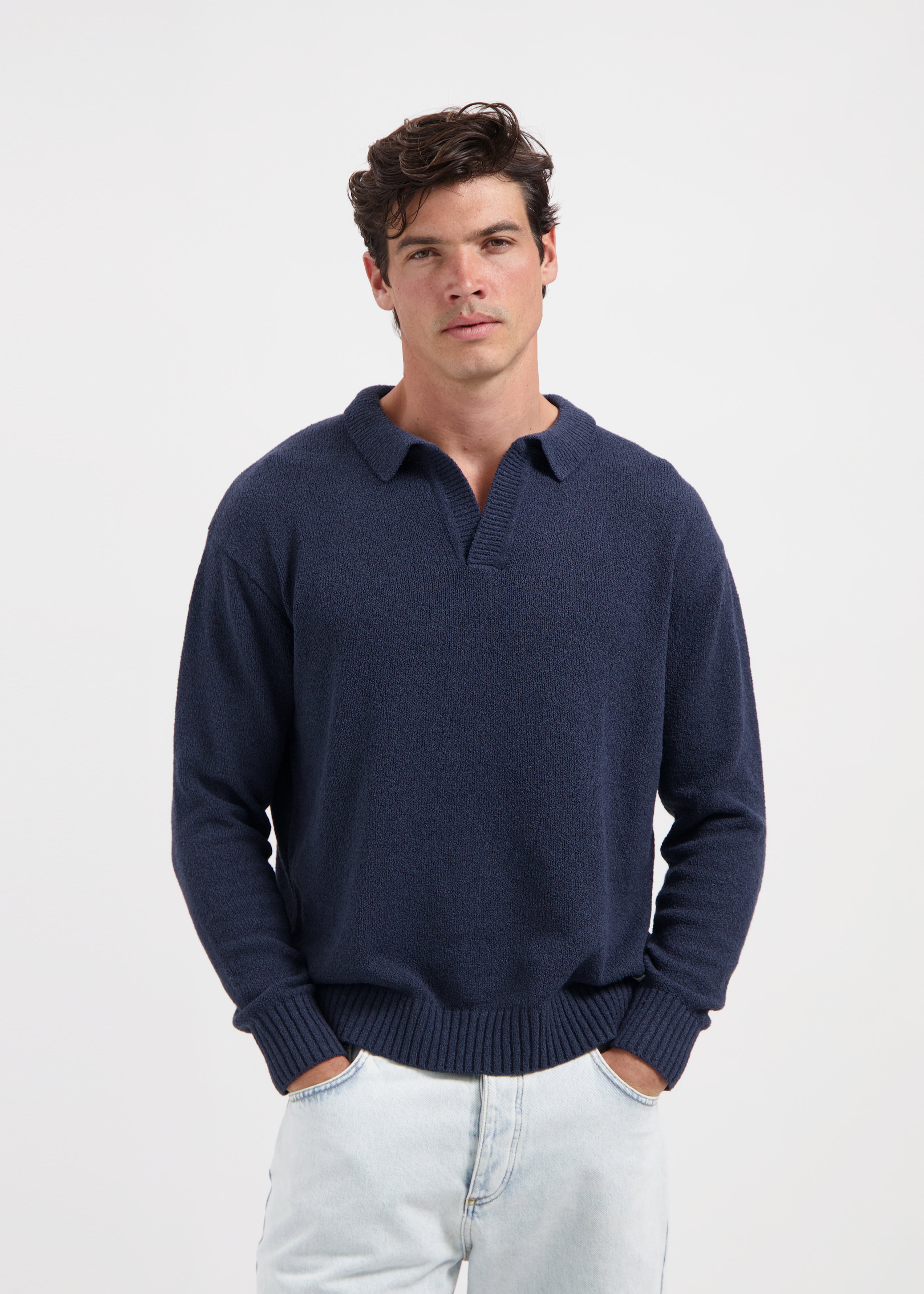 Polo en jersey bouclé - Bleu marine