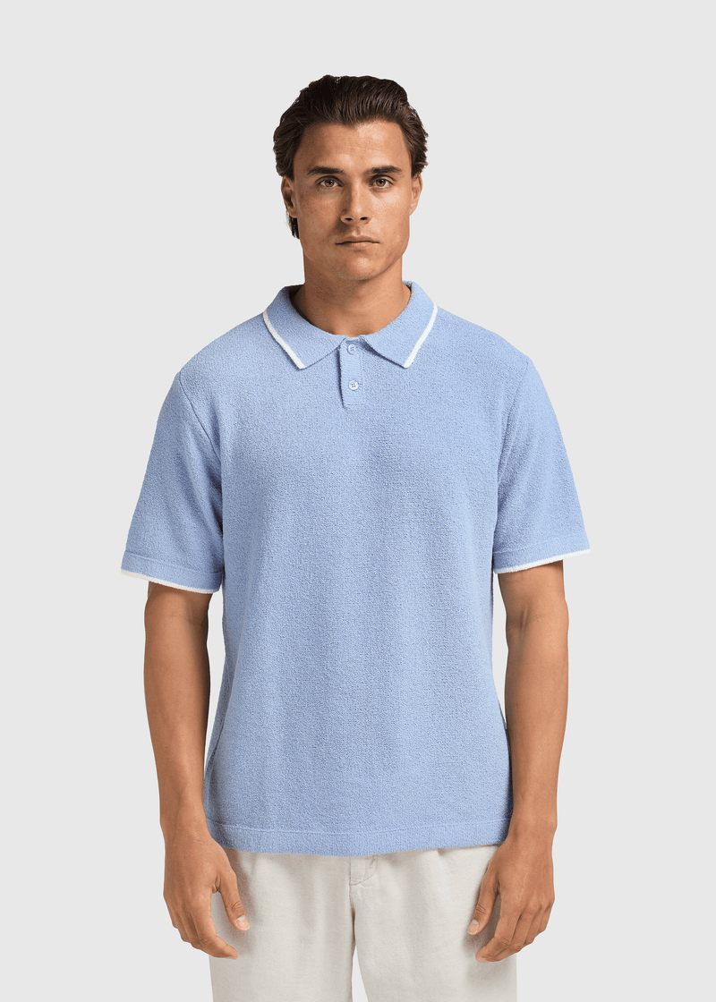 Loop Knit Contrast Polo - Light Blue