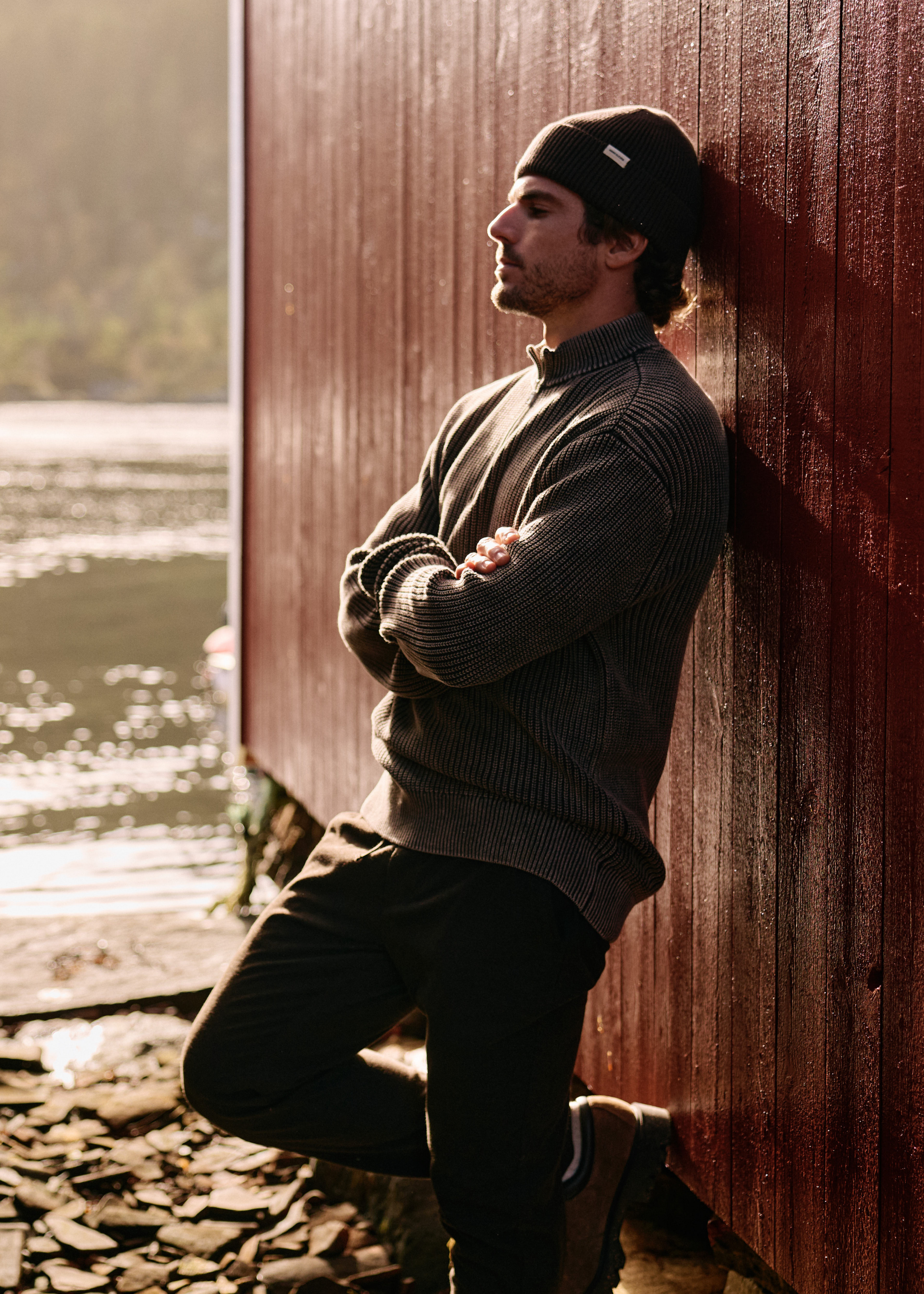 Gewaschener Strickpullover mit halbem Reißverschluss – Anthrazit