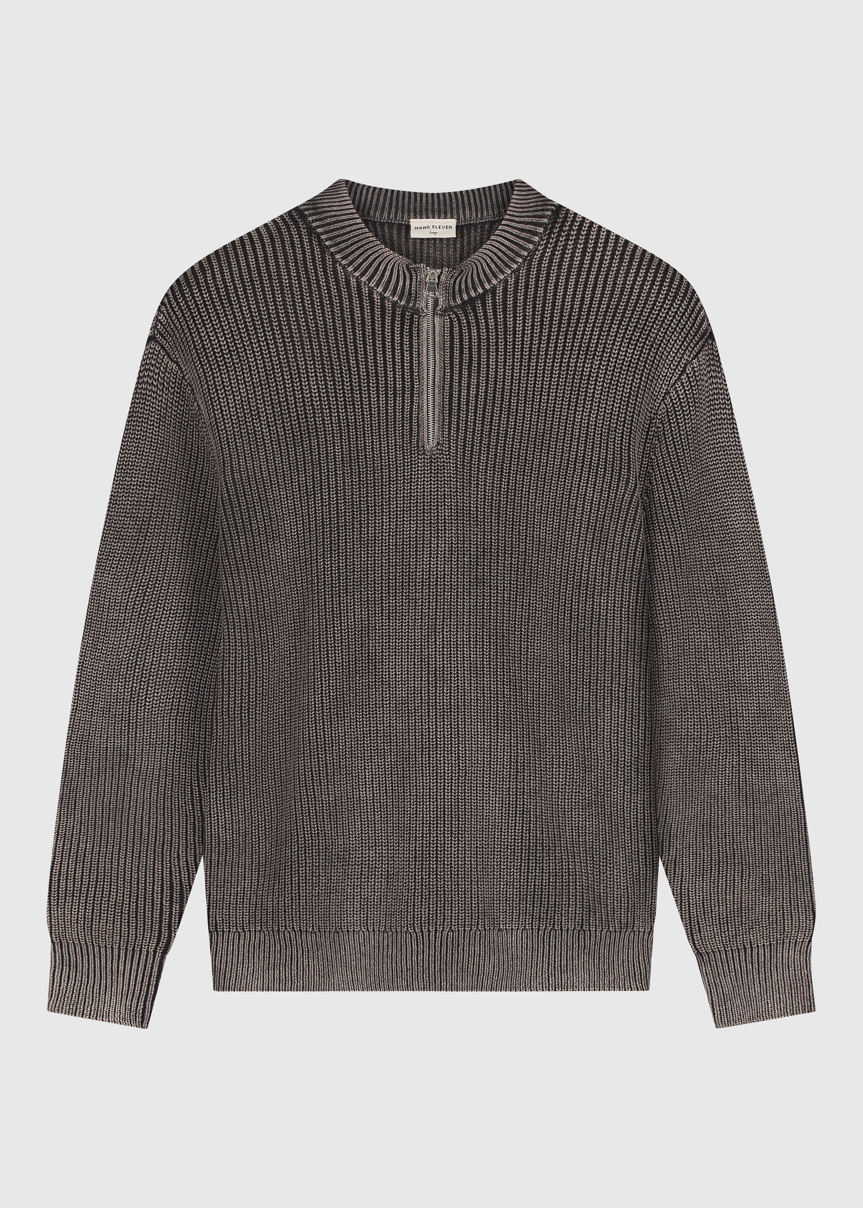 Gewaschener Strickpullover mit halbem Reißverschluss – Anthrazit