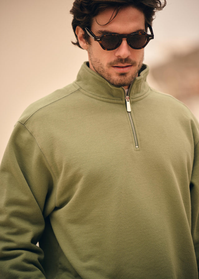 Vintage-Pullover mit halbem Reißverschluss – Moosgrün
