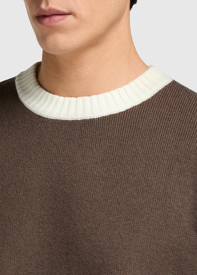 Kontrastfarbener Strickpullover mit Rundhalsausschnitt – Braun