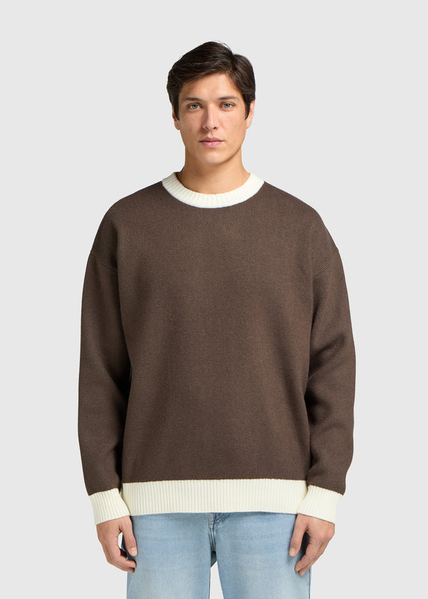 Contrast Knit Crewneck - Brown
