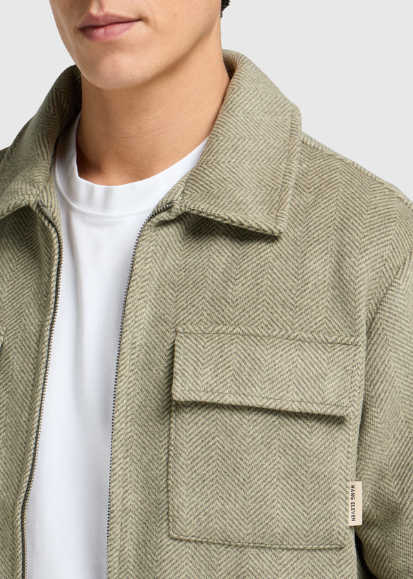 Herringbone Zip Overshirt - Green