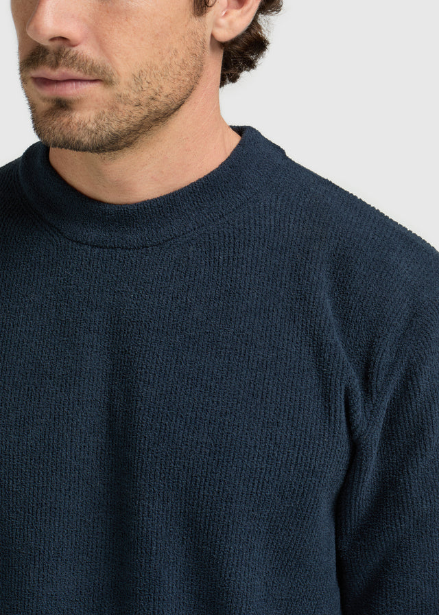 Pull ras du cou en maille structurée - Bleu marine 