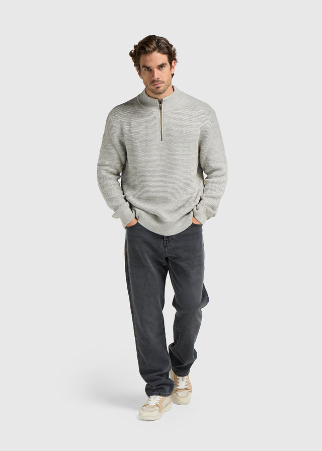 Strukturierter Strickpullover mit halbem Reißverschluss – Grau Melee
