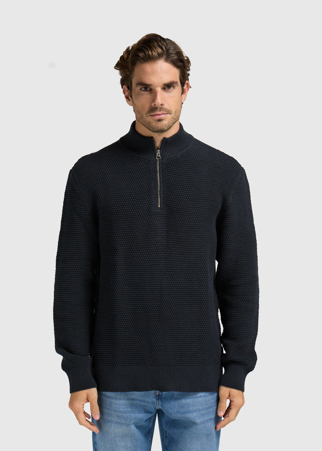 Structure, demi-zip, tricot - Mélange marine