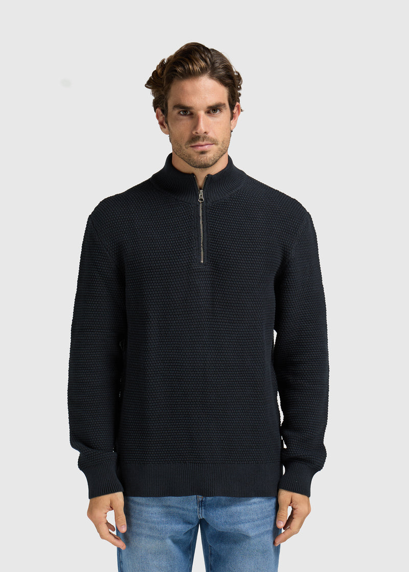 Strukturierter Strickpullover mit halbem Reißverschluss – Marineblau meliert