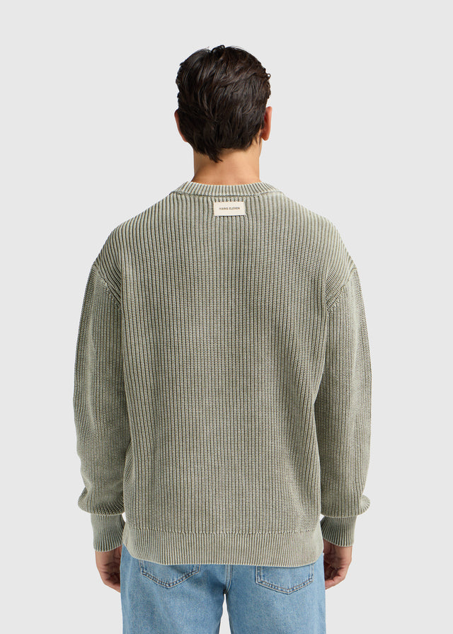 Verwaschener Strickpullover mit Rundhalsausschnitt – Olivgrün