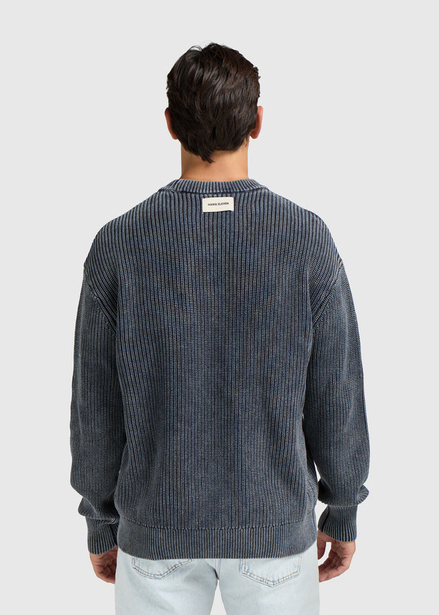 Gewaschener Strickpullover mit Rundhalsausschnitt - Marineblau