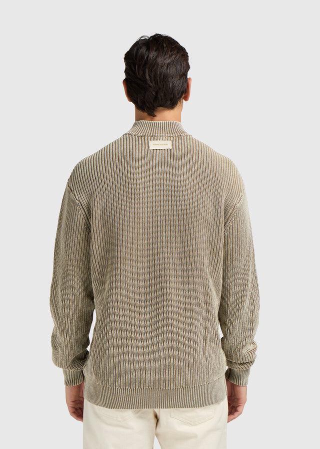 Verwaschener Strickpullover mit halbem Reißverschluss – Dunkelsand