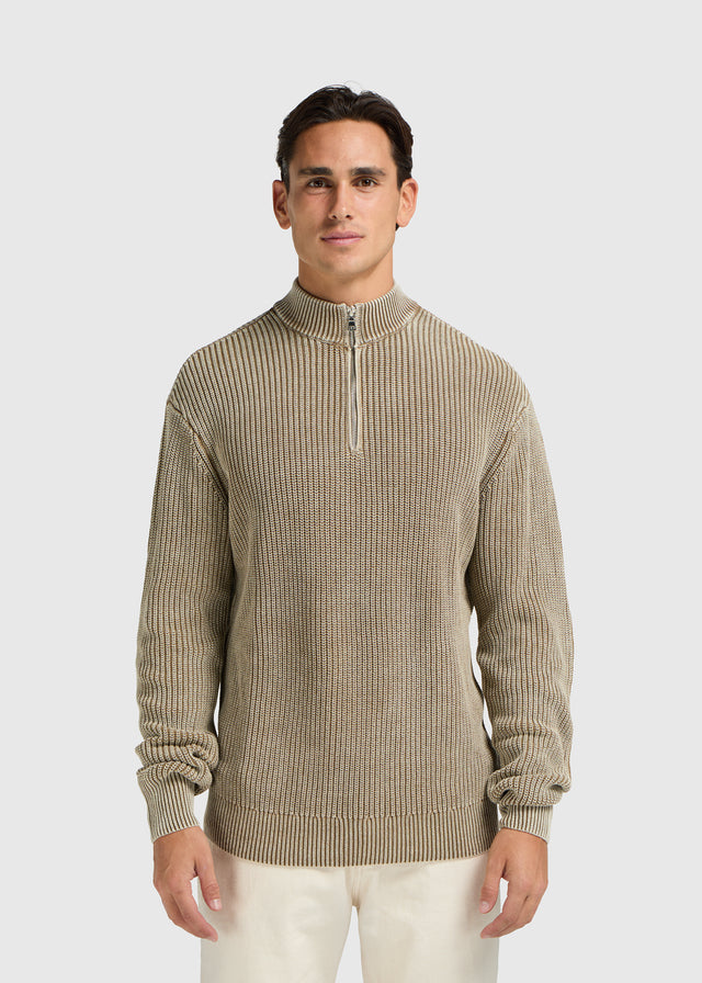 Verwaschener Strickpullover mit halbem Reißverschluss – Dunkelsand