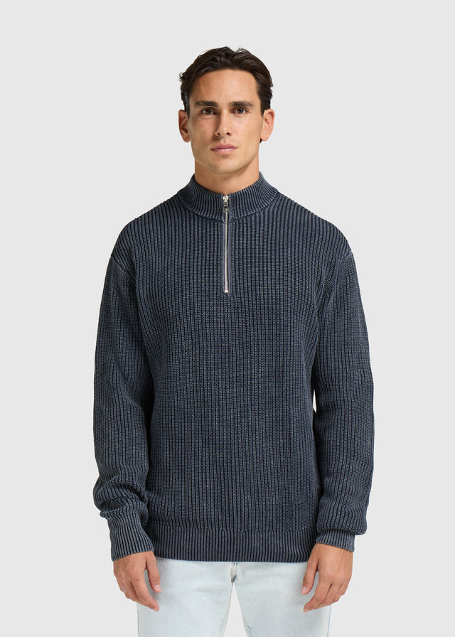 Washed Half Zip Knit - Navy Blue