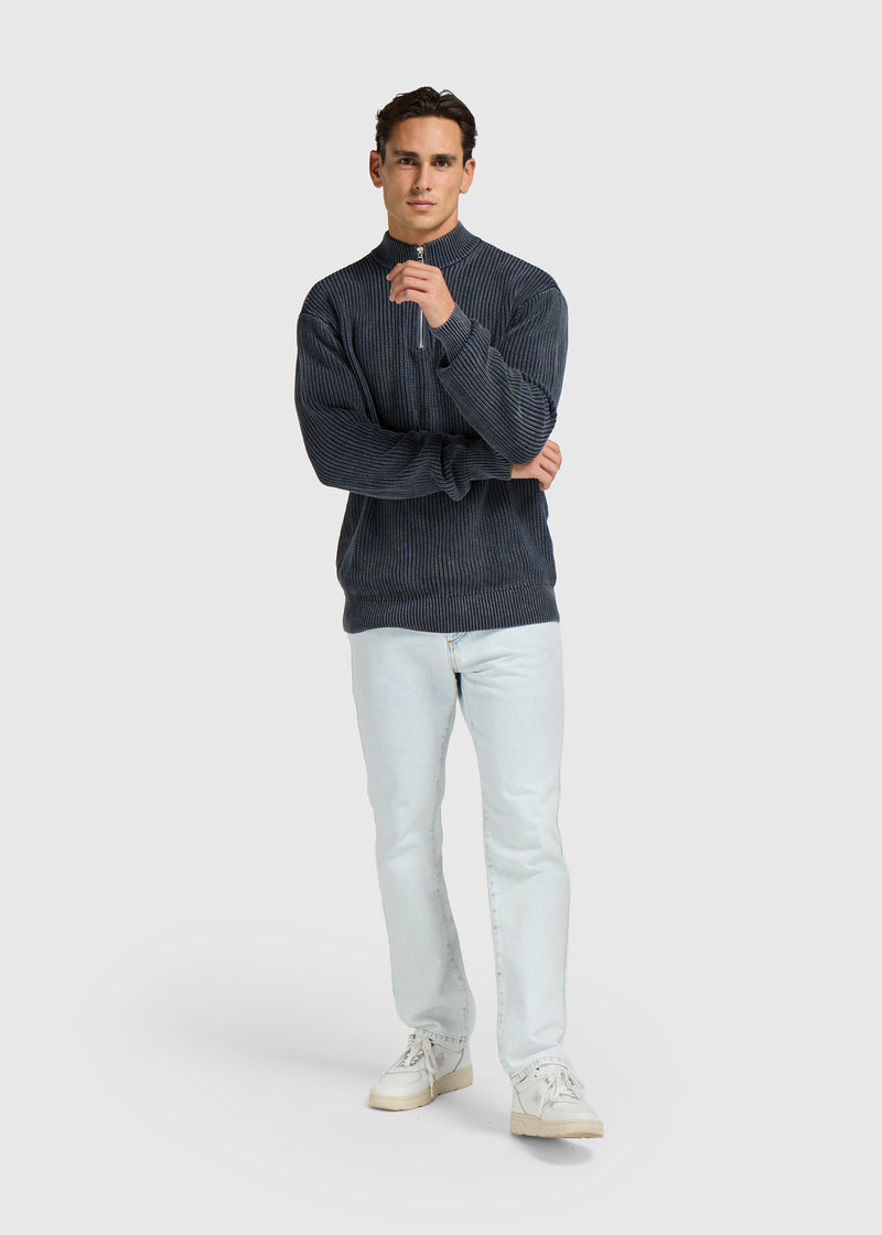Washed Half Zip Knit - Navy Blue