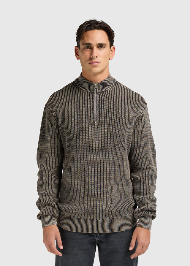 Gewaschener Half Zip Strickpullover - Acid Wash