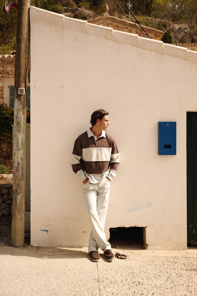 Raw Edge Big Stripe Polo - Light Blue