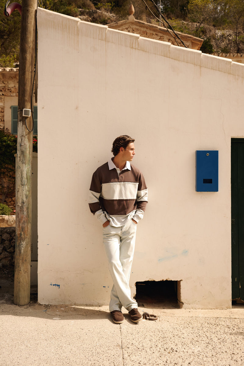 Raw Edge Big Stripe Polo - Light Blue