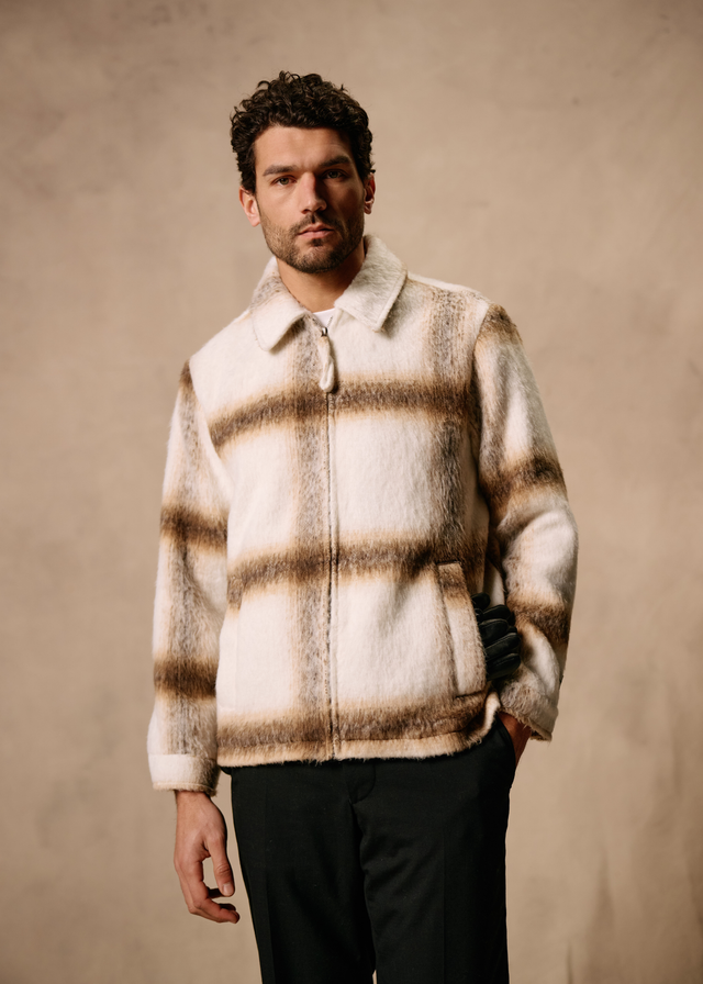 Jacke mit flauschigem Karomuster – Sand