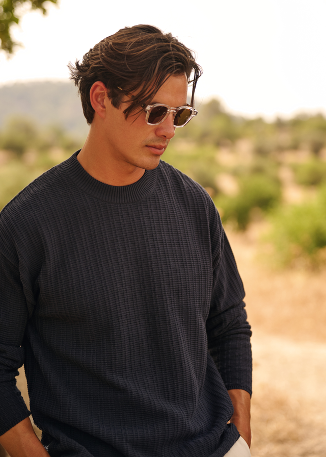 Fancy Structure Knit Crewneck - Navy Blue