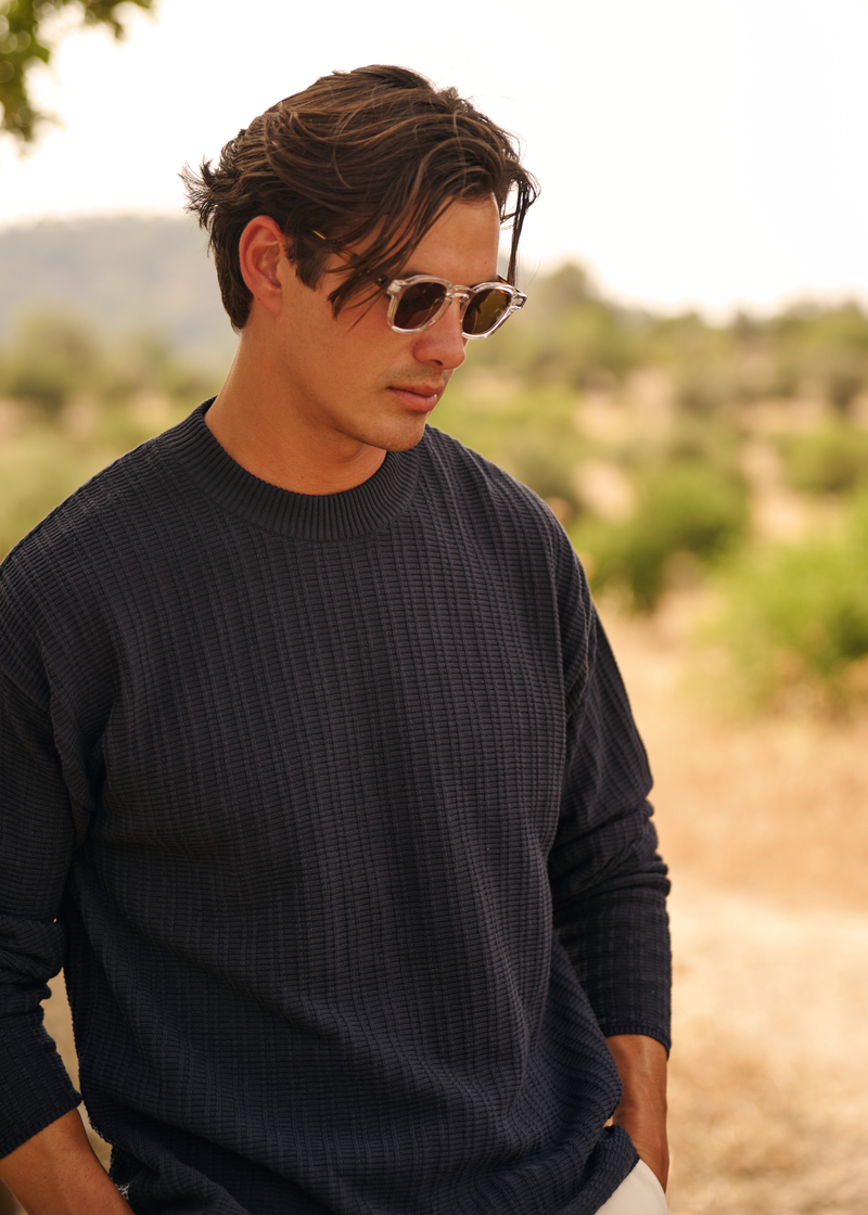 Fancy Structure Knit Crewneck - Navy Blue